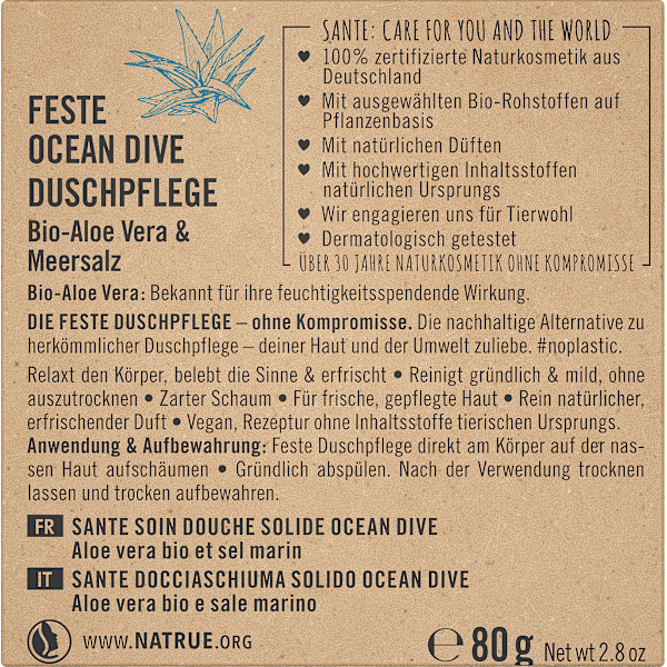 Festes Duschgel Ocean Dive Bio-Aloe Vera & Meersalz Santé naturally.