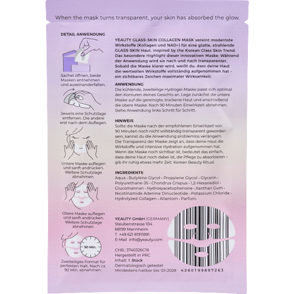 Gesichtsmaske Glass-Skin Hydrogel Kollagen & NAD+ Yeauty