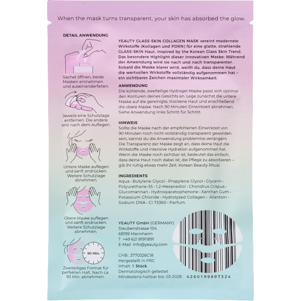 Gesichtsmaske Glass-Skin Hydrogel Kollagen & PDRN Yeauty