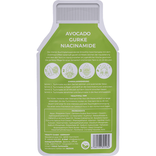 Tuchmaske Avocado Cucumber Niacinamide Yeauty